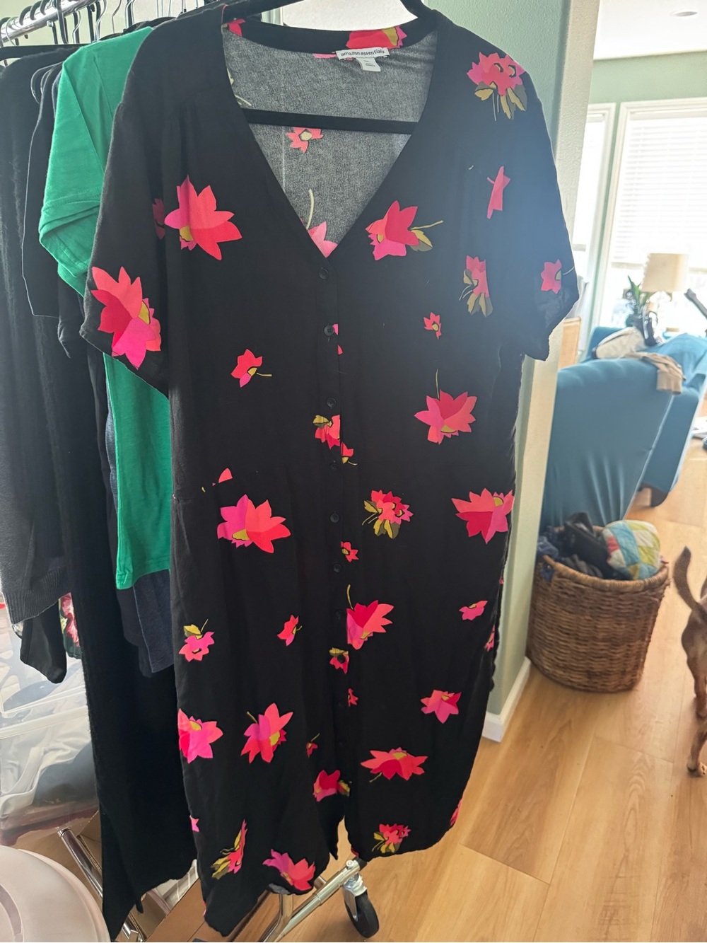 Black Floral Button-Front Tie Waist XXL Women’s Dress with Pink Flowers